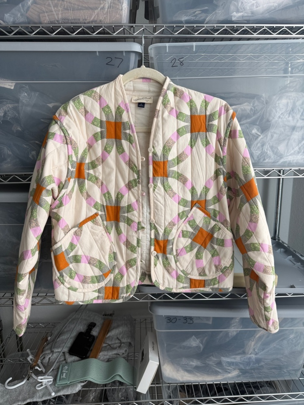 Universal Thread Quilted Patchwork Jacket in Cream, Orange, Green & Pink